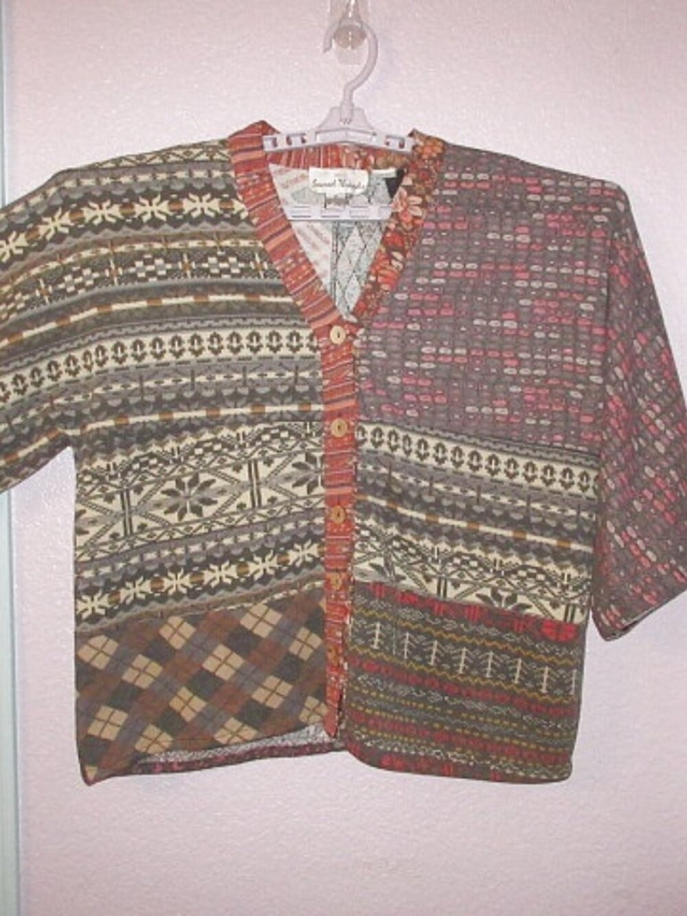 Vtg 90s Patchwork Cardigan Size M Knit Kimono Sweater Earthy Hippie Boho Artsy